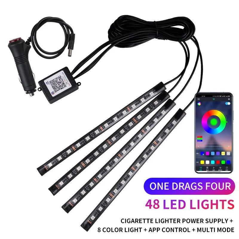 Transforme o Interior do Seu Carro com Luzes LED RGB - Controle por App e Música para um Ambiente Incrível