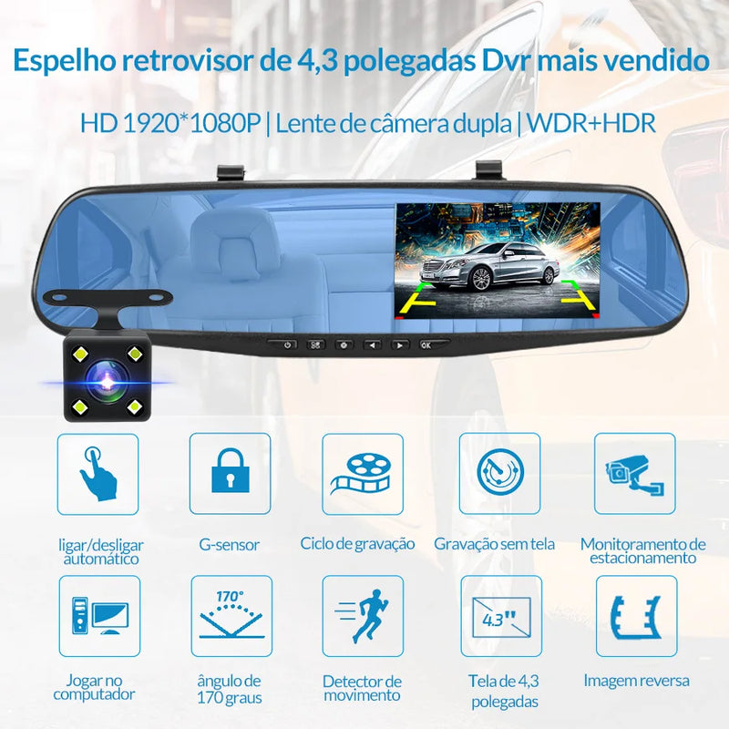 Espelho Retrovisor com Monitor e Câmera DVR 4.3”: Segurança, Qualidade e Visibilidade Completa na Sua Jornada!